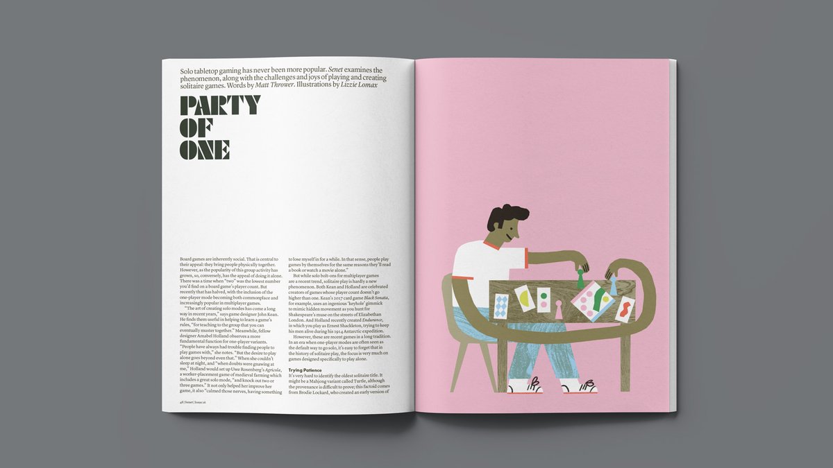 Issue 16 is out now! Featuring a deep dive into the history and design challenges of single-player board games, with writer <a href="/mattthr/">Matt Thrower</a> interviewing solitaire-specialist designers including <a href="/AmabelHolland/">Amabel Holland (she/her)</a> and <a href="/Sanakism/">Jake Staines</a>. Illustration by <a href="/lizlomaxx/">Lizzie Lomax</a>
