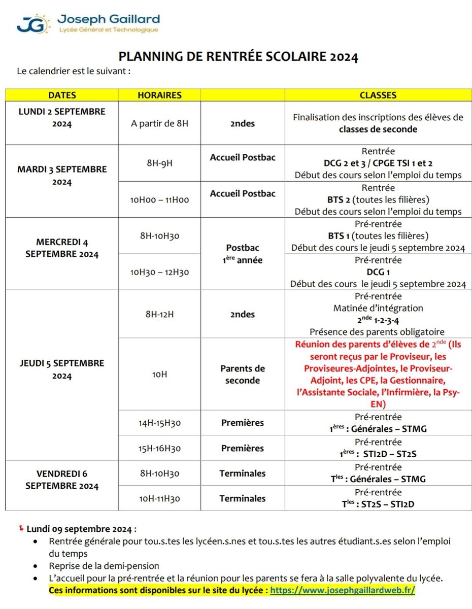 Planning corrigé.
Annule et remplace l'information précédente.

Bonne rentrée à tous !

#LGTJG #JosephGAILLARD