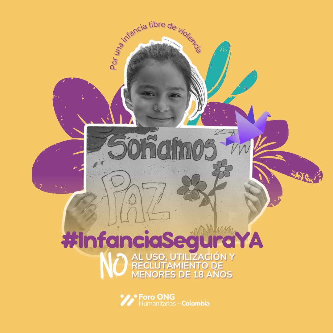 HumanitarianCol's tweet image. ⏳ En unas horas lanzamos #InfanciaSeguraYA, una campaña para dar voz a los menores de 18 años afectados por el conflicto armado en Colombia. 🕊️ 

👉Únete compartiendo tu opinión🗣️ sobre el reclutamiento infantil usando el hashtag #InfanciaSeguraYA #NOalReclutamiento
