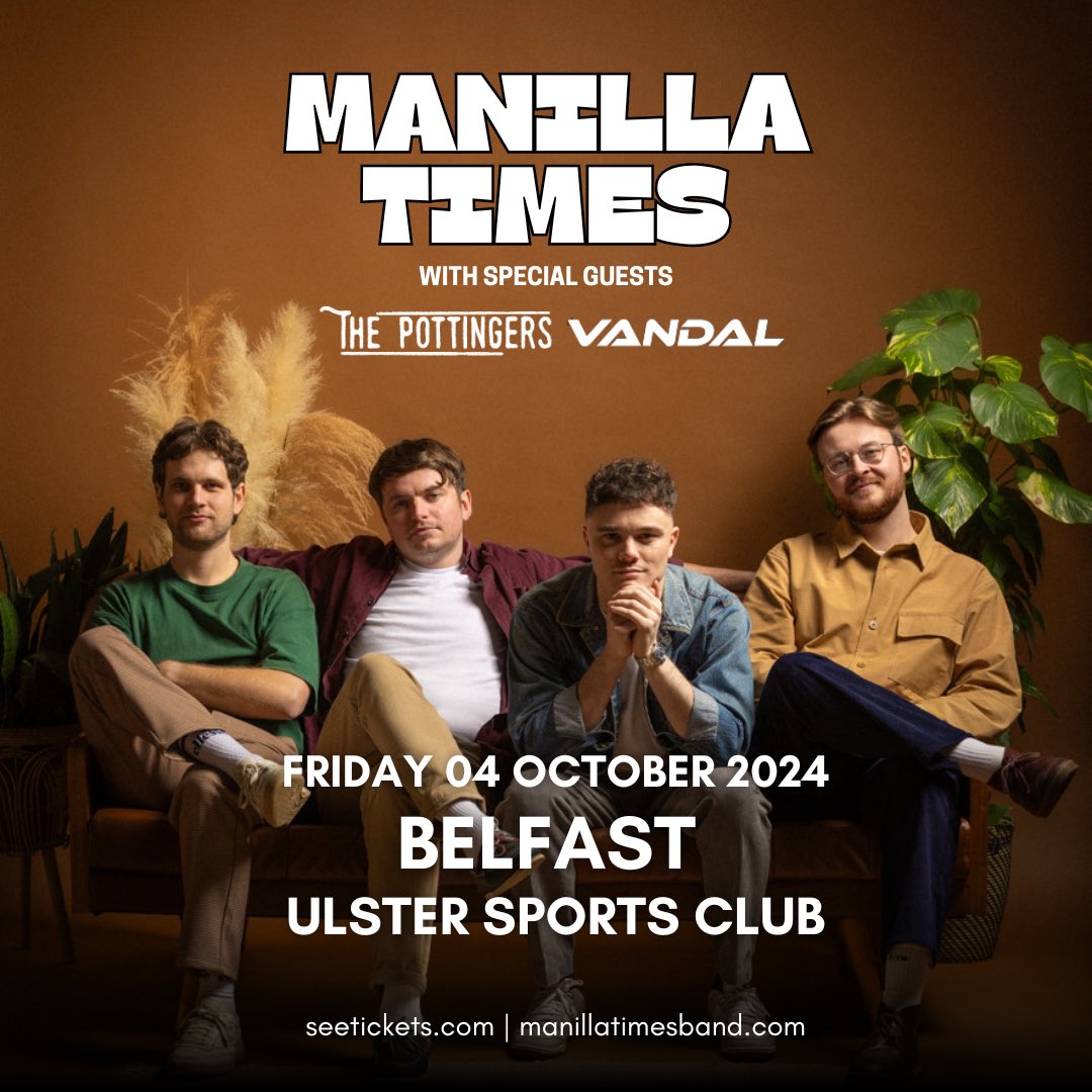One month to go till we make our Belfast debut. Less than 50% tickets remain for our headline show at Ulster Sports Club, with support from locals <a href="/ThePottingersHQ/">The Pottingers</a> and <a href="/VandalbandIE/">VANDAŁ</a> #MTBelfast 🔥

£10 for 3x mega live bands. Don’t miss out. Tickets; seetickets.com/event/manilla-…