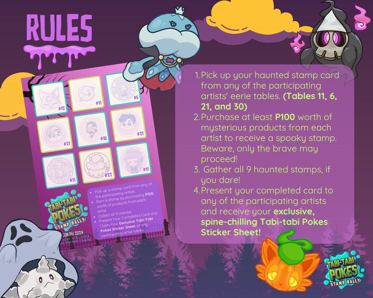 ArtByRidley's tweet photo. Hemlo Ghost Pokemon Hunters, are you ready to haunt Pokecon PH 2024? 👻

Please join our Tabi-tabi Pokes Stamp Rally and unlock your mumu buddies! Complete our stamp challenges to claim your exclusive sticker sheet, featuring eerie and enchanting artworks by 9 Pkmn Ph artists! 👻 https://t.co/mVJXK8FpmM