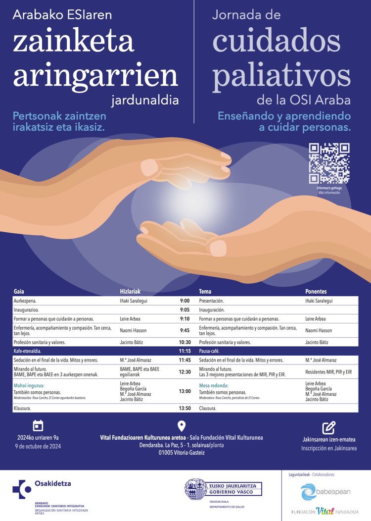 Jornada cuidados paliativos, mañana profesionales y tarde ciudadania osaraba.eus/osi/aringarria… <a href="/babespean/">@Babespean</a> <a href="/AEPCA4/">@AEPCA</a>