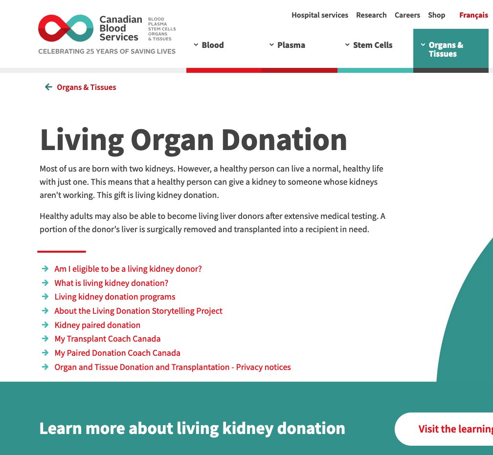 You have two kidneys, you only need one, donate the other and you save a life.
blood.ca/en/organs-tiss…