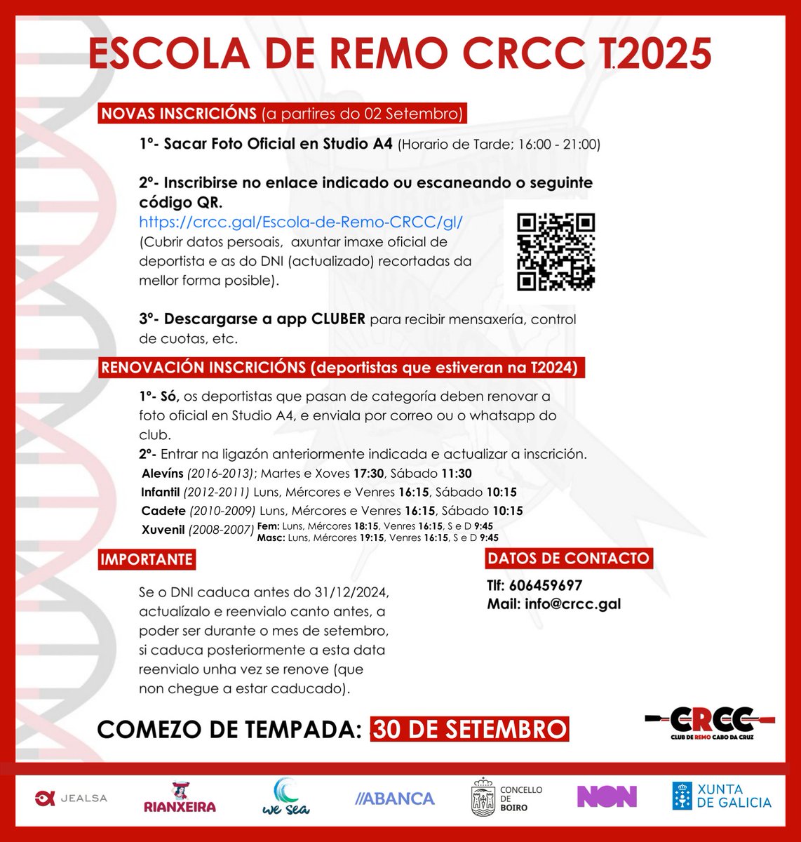 ESCOLA DE REMO T.2025 🚣🏻‍♀️🚣🏾

Hoxe ábrese o prazo de inscrición para a Escola de Remo CRCC!

Podes consultar todo o requerido na segunda imaxe e rexistrar xs deportistas nesta ligazón ➡️ crcc.gal/Escola-de-Remo…

ANÍMATE A REMAR CONNOSCO! 🌊🔥