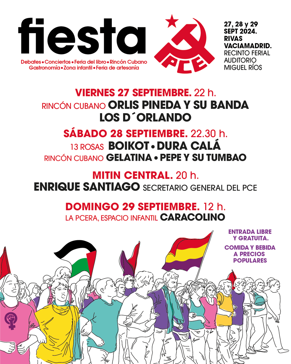 🙋‍♀️¡ATENCIÓN, ATENCIÓN!

Ya tenemos cartel y primer avance del programa de la #FiestaPCE24 🟥🎉✊

Toda la ℹ️ en fiesta.pce.es

No olvides que la vida son dos días y la Fiesta PCE, tres.

¡Nos vemos en Rivas-Vaciamadrid!