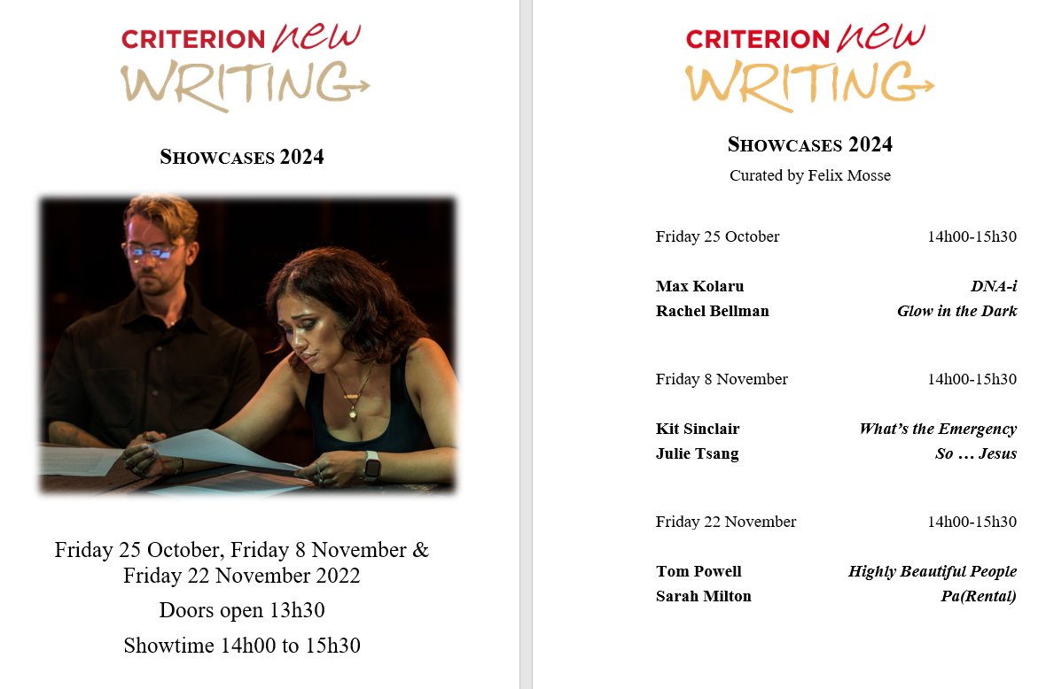 This means autumn is here!
<a href="/CriTheatre/">Criterion Theatre</a> New Writing 2025 is OPEN for applications and the Showcases are coming.  gregmosse.com/cnw-apply