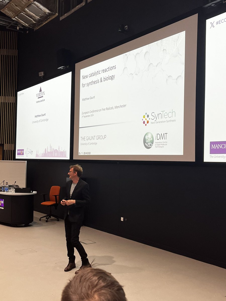 Matthew Gaunt (<a href="/Gaunt_Group/">The Gaunt Group</a>) closes today’s lectures giving the <a href="/VertexPharma/">Vertex Pharmaceuticals</a> lecture on the use of radicals for differing reactivity platforms allowing for implementation into synthesis and biology #ECOFRxv