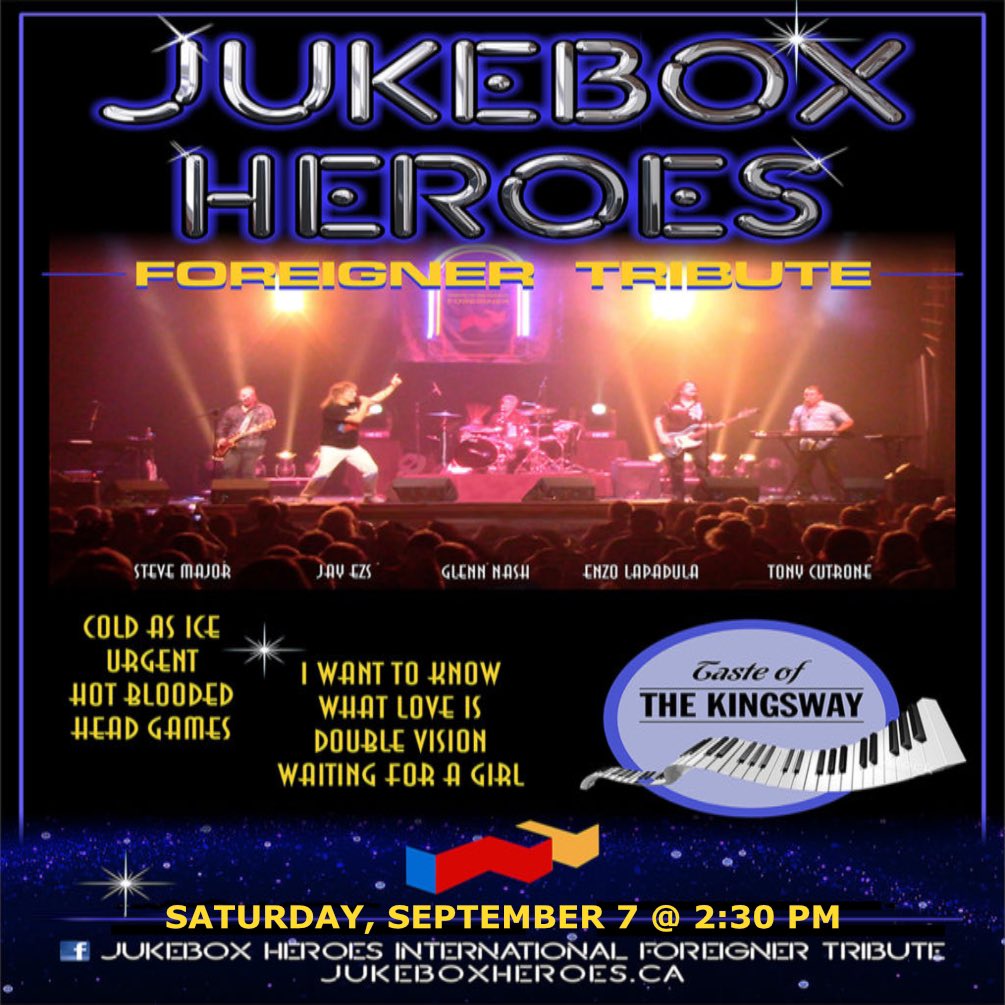 HeroesJukeBox's tweet photo. Jukebox Heroes: International Tribute to Foreigner rocks Taste of Kingsway Festival on Saturday, September 7th at 2:30 PM! A FREE outdoor event FUN for the whole family!

#JukeboxHeroes #ForeignerTributeBand #JukeboxHeroesForeignerTribute #ForeignerTributeShow #JukeBoxHeroesBand https://t.co/CrFTDVlgGv