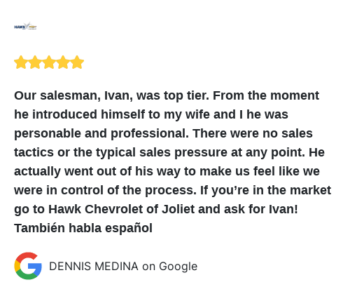 HawkChevyJoliet's tweet image. We just received a great review on Google. Thank you DENNIS MEDINA! maps.google.com/maps?cid=34440…