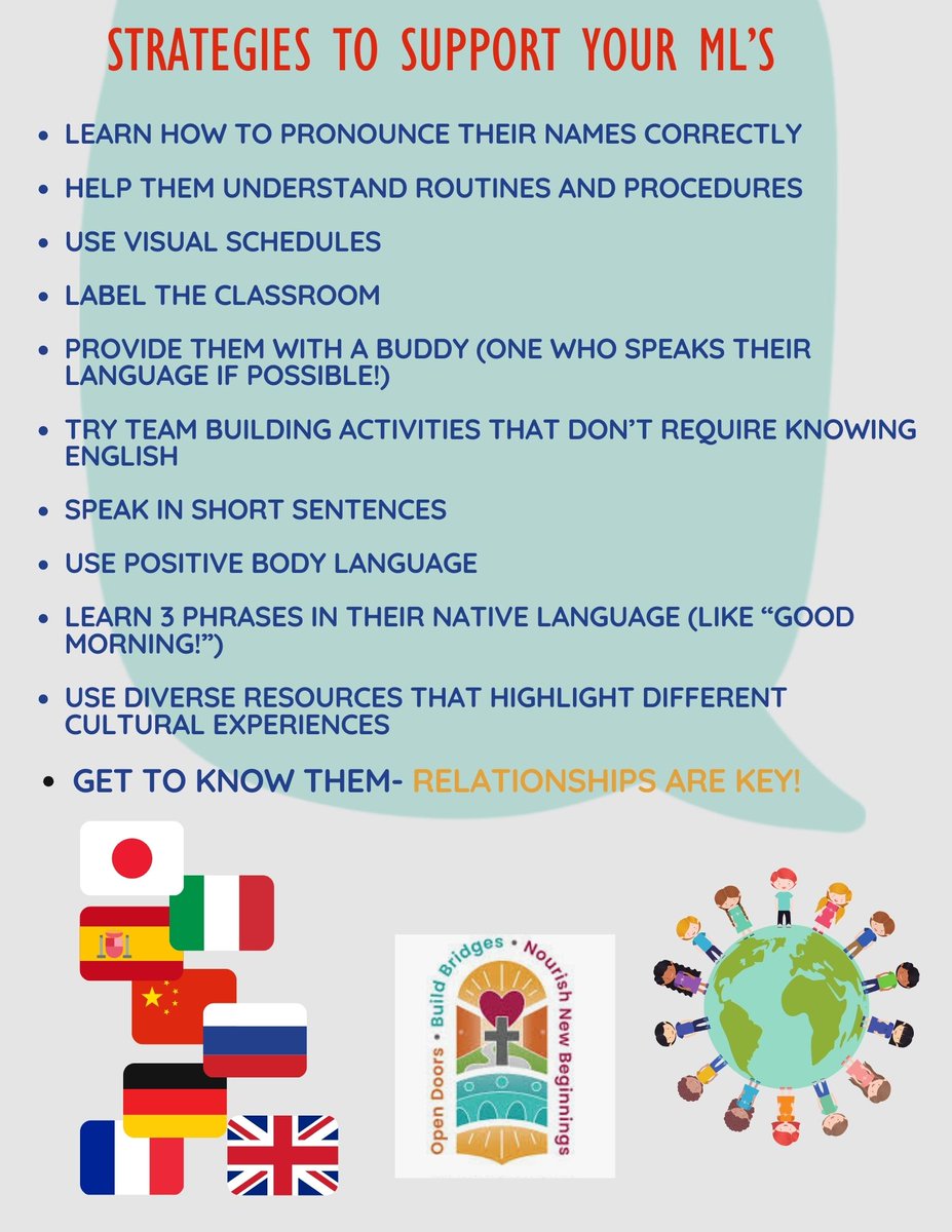 As we prepare for #ocsbFirstDay, here are some helpful tips to make all of the ML's in your classrooms feel welcome!  ❤️ I can't wait to meet the students and staff <a href="/FrankRyanOCSB/">Frank Ryan Catholic Intermediate School</a> <a href="/StAndrewOCSB/">St. Andrew School</a> <a href="/John23OCSB/">St. John XXIII School</a> <a href="/OCSBContEd/">OCSB Continuing & Community Education</a> <a href="/RisaWoodsELL/">Risa Woods</a>