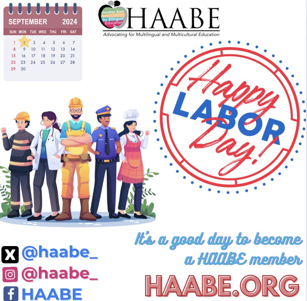 HAABE (@haabe_) on Twitter photo ๐ Happy Labor Day from HAABE! ๐
Today, we celebrate the hard work, dedication, and contributions of workers across the nation. ๐โจ
Wishing everyone a safe and joyful Labor Day! ๐บ๐ธ๐ผ
#LaborDay #HAABE #BilingualEducation #CommunityCelebration
<a href="/TA4BE/">TABE</a> <a href="/NABEorg/">NABE- National Association for Bilingual Education</a> ๐ Happy Labor Day from HAABE! ๐
Today, we celebrate the hard work, dedication, and contributions of workers across the nation. ๐โจ
Wishing everyone a safe and joyful Labor Day! ๐บ๐ธ๐ผ
#LaborDay #HAABE #BilingualEducation #CommunityCelebration
<a href="/TA4BE/">TABE</a> <a href="/NABEorg/">NABE- National Association for Bilingual Education</a>