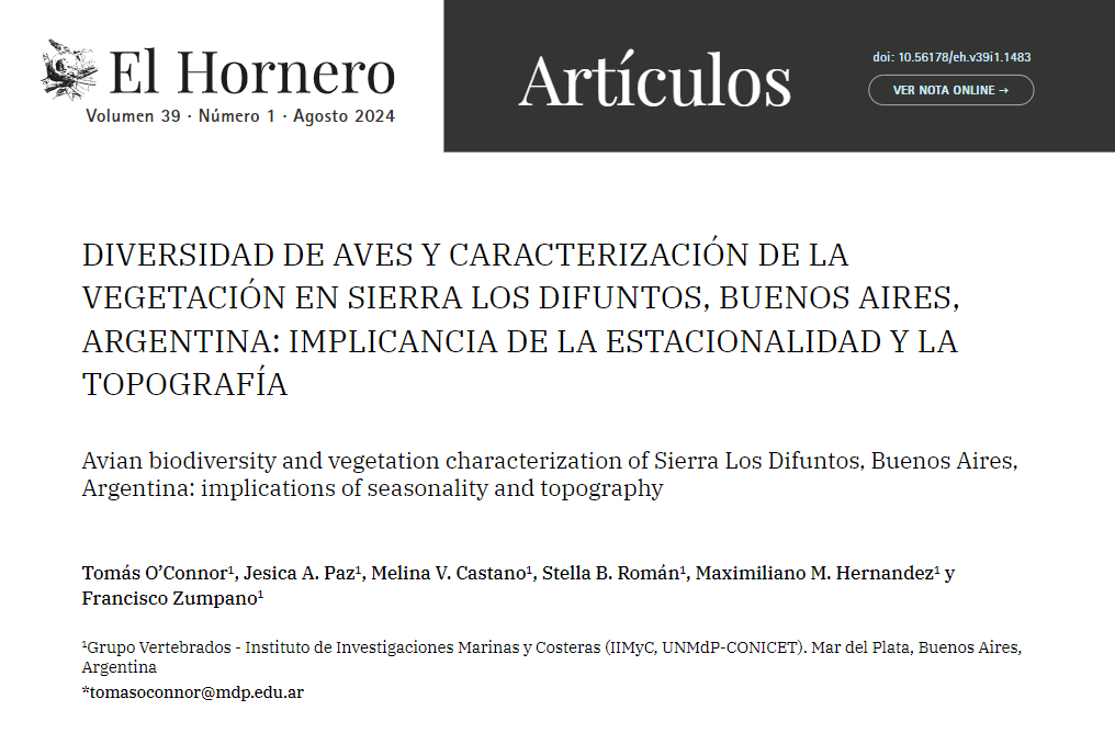 Artículo publicado la revista  El Hornero sobre diversidad de aves y caracterización de la vegetación en Sierras Los Difuntos. 🐦🌳
Excelente grupo de trabajo con T. O' Connor; <a href="/melicast93/">Melina Castano</a>; S. Román; <a href="/Maxi_MHernandez/">Maxi.Hernandez</a>; <a href="/pzumpa1/">Pancho Zumpano</a>

#Diversidad #BuenosAires 

doi.org/10.56178/eh.v3…