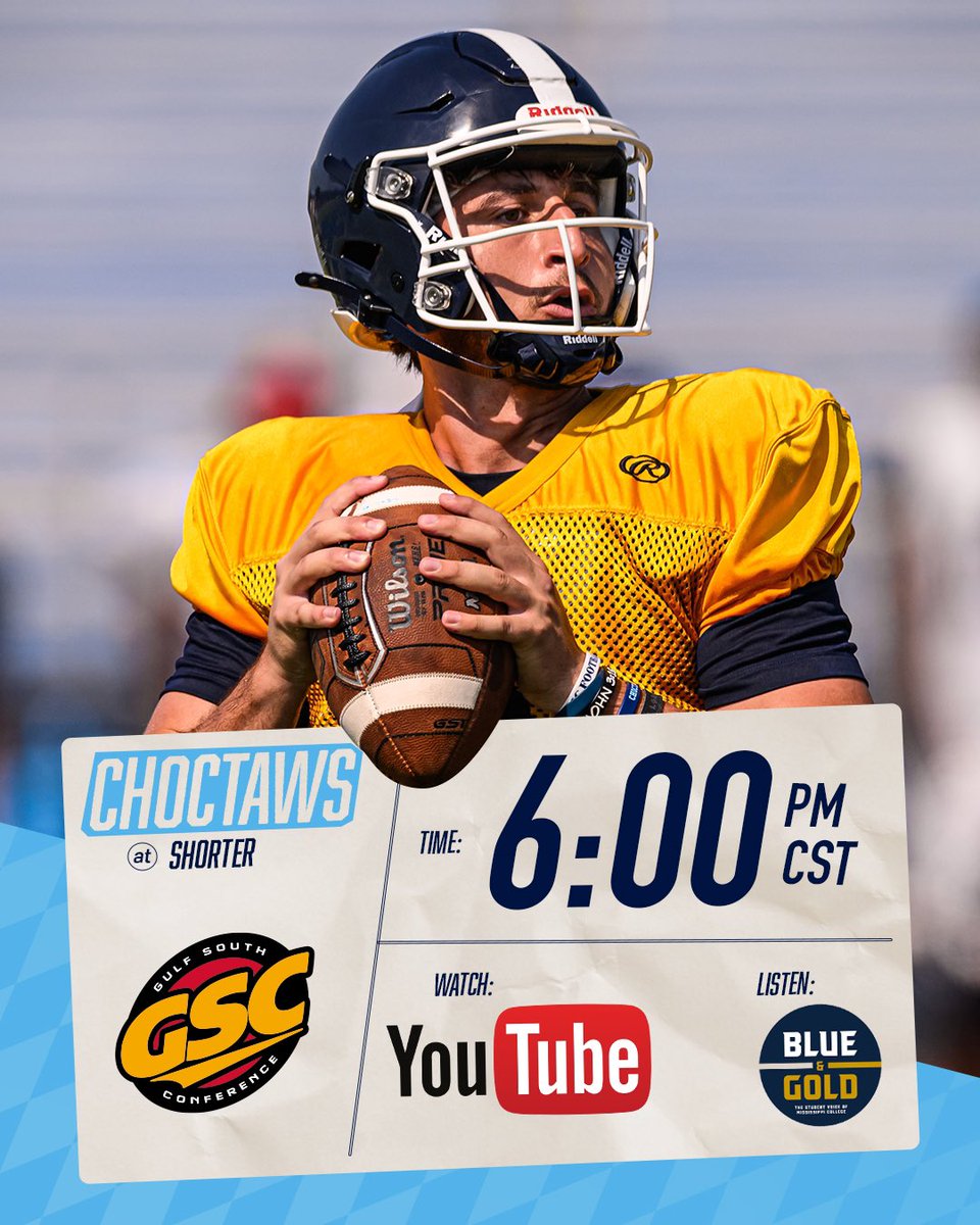 Mississippi College Athletics (@choctawsports) on Twitter photo Catch all the action this Wednesday as <a href="/GoChoctaws_FB/">Mississippi College Football</a> kicks off the season at Shorter! Tune in for live stream, audio, and live stats to stay on top of every play ⬇️
📺 youtube.com/@shorteruniver…
📻 gochoctaws.com/watch/?Live=79…
📊 goshorterhawks.com/sidearmstats/f… Catch all the action this Wednesday as <a href="/GoChoctaws_FB/">Mississippi College Football</a> kicks off the season at Shorter! Tune in for live stream, audio, and live stats to stay on top of every play ⬇️
📺 youtube.com/@shorteruniver…
📻 gochoctaws.com/watch/?Live=79…
📊 goshorterhawks.com/sidearmstats/f…