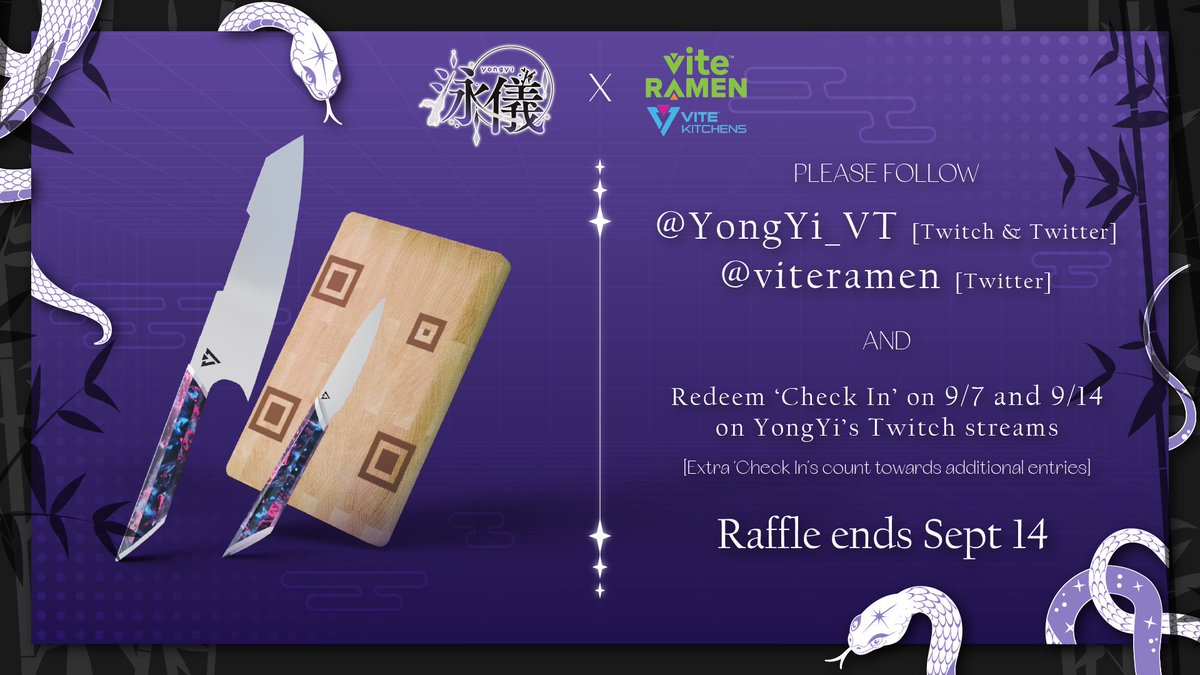 *Raffle Time*

To celebrate my debut and first tournament, I’m partnering with <a href="/ViteRamen/">Vite Ramen - Noodtrient Protein Ramen 🍜</a> to give away a set of their new VK knives! 

Rules:
🐍 Like and Retweet 
🐍 Follow @yongyi_vt and <a href="/ViteRamen/">Vite Ramen - Noodtrient Protein Ramen 🍜</a>
🐍 Redeem “Check In” on stream on 9/7 and 9/14

Raffle ends 9/14!