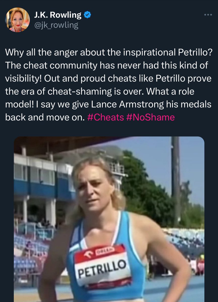 JK Rowling’s anti-trans outrage, like all anti-trans fanatics, is dishonest and manufactured. 
Right now, I’m watching mixed-gender wheelchair rugby, and the female players are showing strength and speed comparable, even beating, the men. Where’s the outrage for these women?