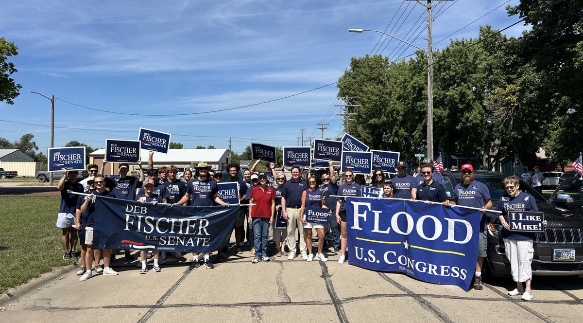 DebforNebraska's tweet photo. Another great #LaborDay parade in Schuyler today! Thank you for the strong show of support for #TeamFischer. 🇺🇸 https://t.co/5O96wST2nA