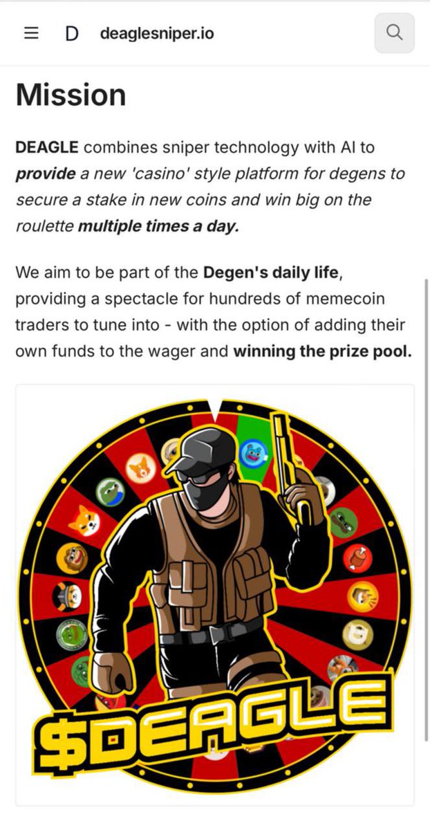 DeagleSniper's tweet photo. Ok, moving on from previous tweet, this is wtf a memecoin roulette sniper is 🎰🔫

The $DEAGLE is coming for you, launch date being announced soon ⏰

Sniper Technology, Degen Psychology 🦅🔫 https://t.co/LJcRvtajza