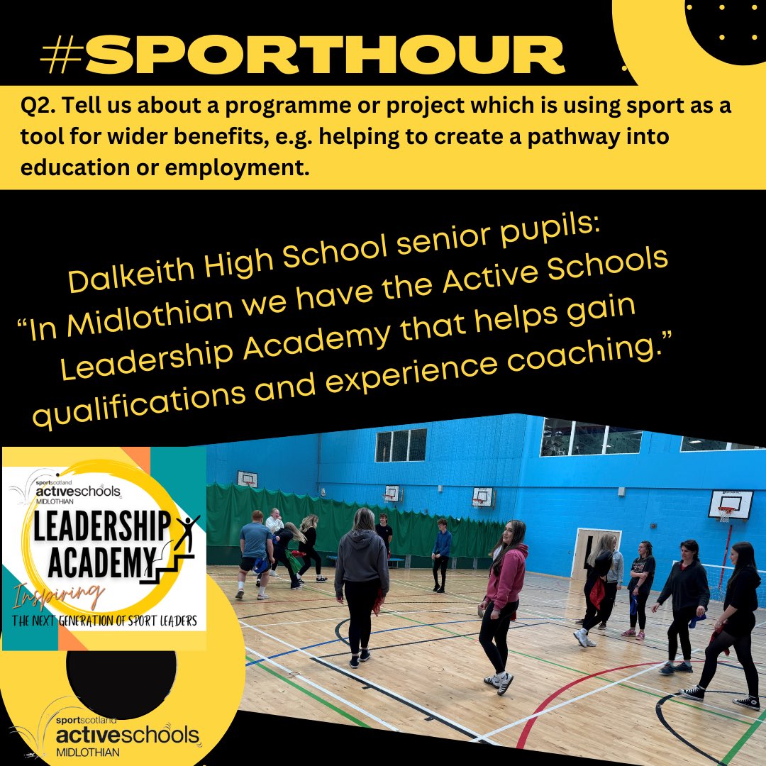 Active_Mid's tweet image. A2. In Midlothian we have the Active Schools Leadership Academy that helps pupils gain qualifications and experience coaching.  We also take part in the Young Ambassador programme that helps to shape change in our school by being the pupil voice. #SportHour @sportscotland