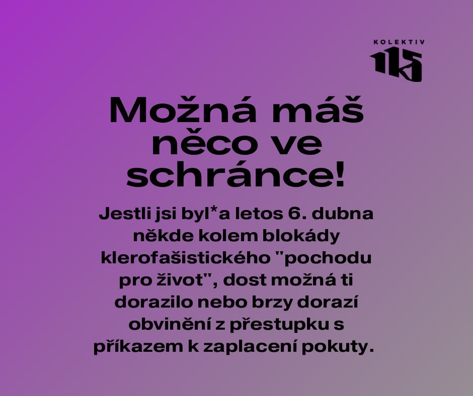 ‼️Možná máš něco ve schránce‼️

Jestli jsi byl*a letos 6. 4. někde kolem blokády klerofašist. "pochodu pro život", dost možná ti dorazilo nebo brzy dorazí obvinění z přestupku s příkazem k zaplacení pokuty. 

🧵1/4