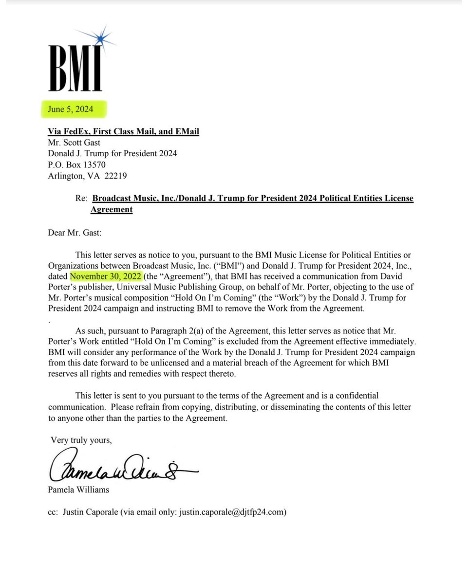 Isaac Hayes III (@isaachayes3) on Twitter photo 🚨BREAKING: READ THIS. Donald Trump for President has been claiming they had a valid @BMI license to play “Hold On, I’m Coming” for weeks. FALSE. Donald Trump for President has not had valid license for nealy 100 days, and <a href="/realDonaldTrump/">Donald J. Trump</a> has NEVER had a license. Not to mention 🚨BREAKING: READ THIS. Donald Trump for President has been claiming they had a valid @BMI license to play “Hold On, I’m Coming” for weeks. FALSE. Donald Trump for President has not had valid license for nealy 100 days, and <a href="/realDonaldTrump/">Donald J. Trump</a> has NEVER had a license. Not to mention
