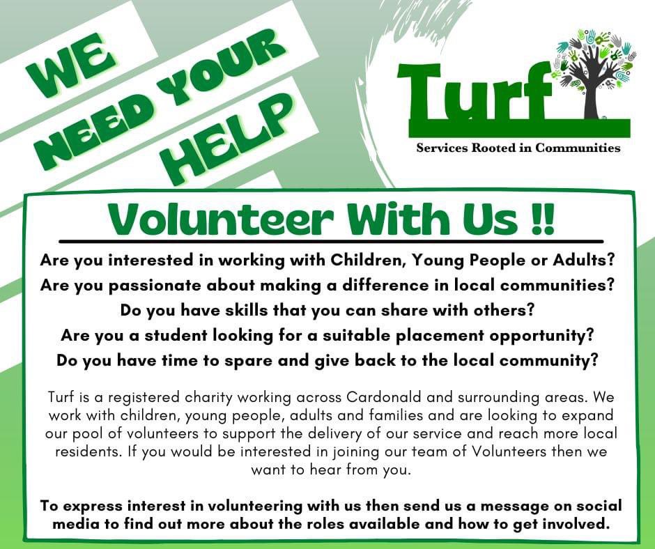 🌟 **Join Team Turf in Cardonald!** 🌟

Volunteer or complete your student placement with us working with children, young people, and adults💪

✨ **Why volunteer?**
- Impact your community
- Build new skills
- Meet amazing people

#youthworkchangeslives #Glasgow #becauseofCLD