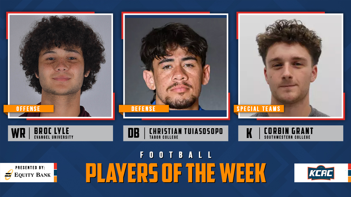 Broc Lyle of <a href="/EvangelValor/">Evangel Athletics</a>, Christian Tuiasosopo of <a href="/GoTaborBluejays/">Tabor College Athletics</a>, and Corbin Grant of <a href="/buildersports/">Southwestern College Moundbuilders</a> Earn KCAC Football Weekly Honors, presented by <a href="/EQUITYBANK/">Equity Bank</a>! #KCACfb #LetsBuildEquity #LetsBuildLeaders

kcacsports.com/news/2024/9/2/…

<a href="/NAIA/">NAIA</a> <a href="/NAIAFBALL/">NAIAFBALL</a>