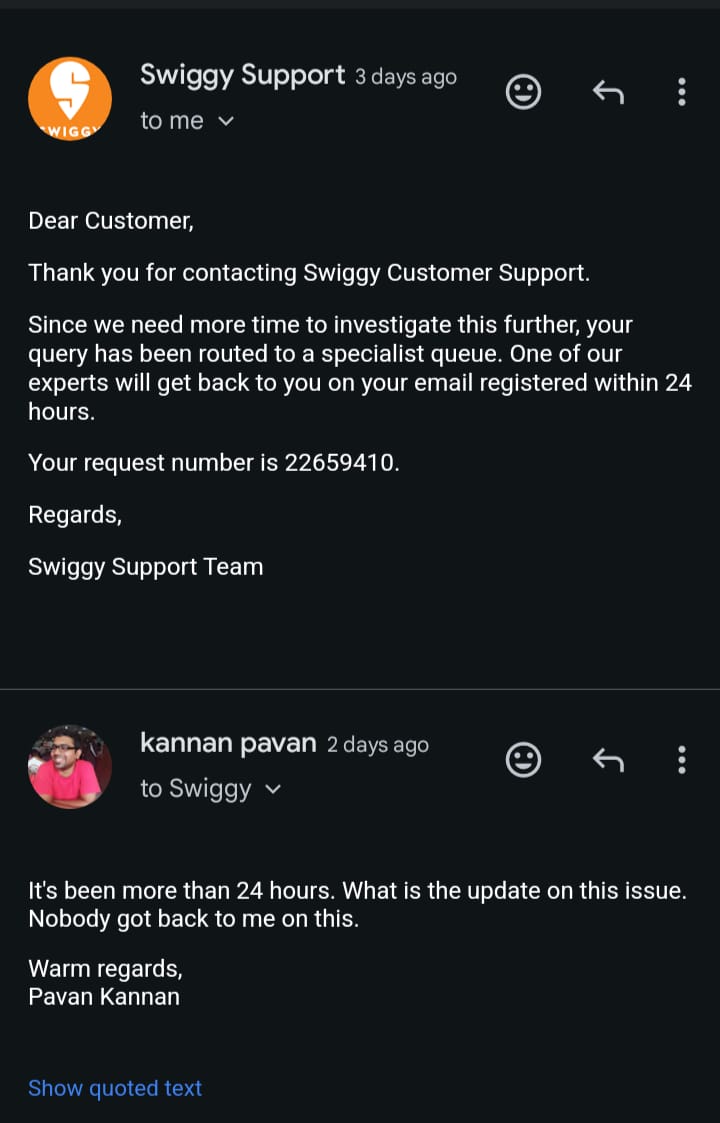 Balrog3478's tweet photo. @Swiggy @SwiggyCares @SwiggyInstamart You provide pathetic  service. Last Friday, I placed with order reference no: 183994573649959. Order invoice emailed to me had no items except platform fee. I raised a complaint for proper invoice with all items. I reached to chat support. https://t.co/xsXx6dKRx3
