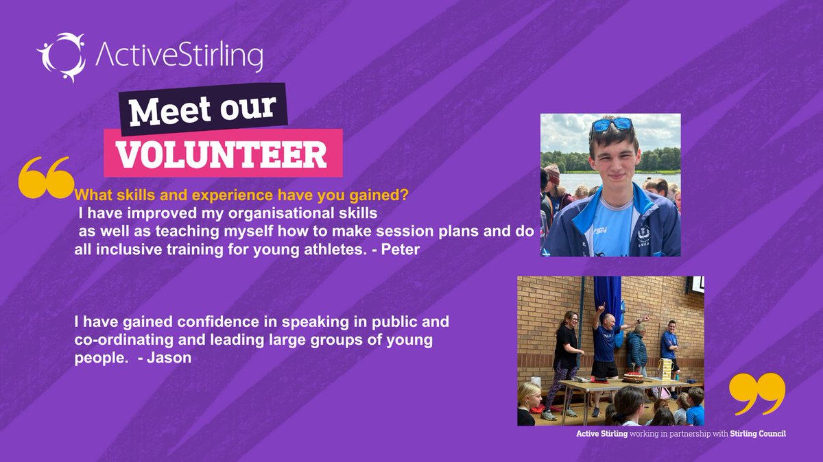 A3. Let’s hear from our volunteers 💜

#SportHour

<a href="/sportscotland/">sportscotland</a> <a href="/activestirling1/">Active Stirling Ltd</a>