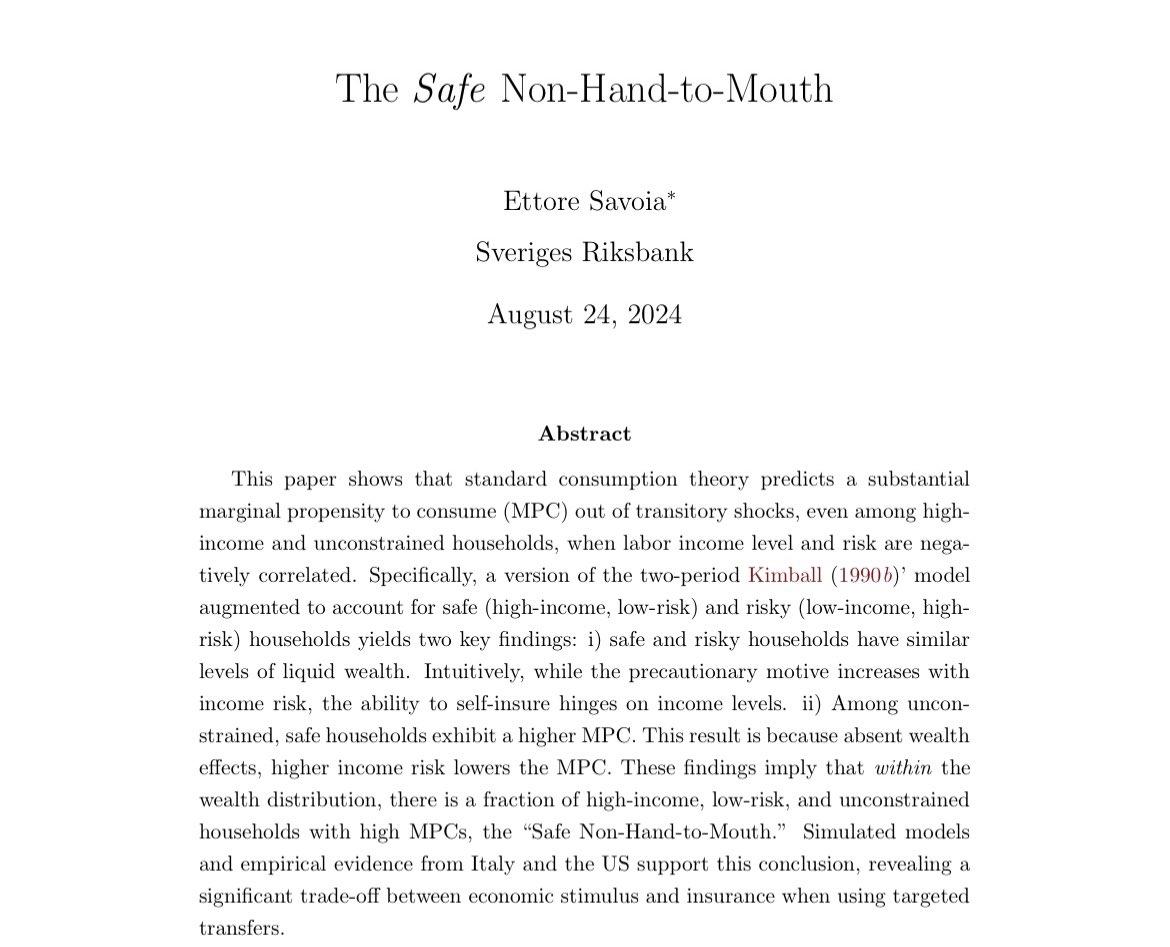 🧵1/8 Revised Paper alert

Many empirical studies find that high-income or unconstrained households have a high MPC which contradicts standard consumption theory. 

This discrepancy has sparked a surge of terrific papers using behavioral models to match these micro-facts.