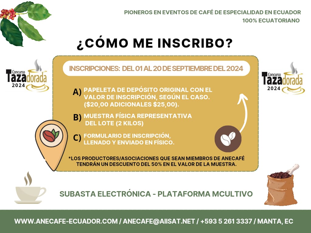 Apreciados productores de café☕, los invitamos a Uds. a participar del evento nacional e internacional TAZA DORADA ARÁBIGA 2024, el mismo que representa por 18 años la identidad del café ecuatoriano. Los esperamos!👍☕️ #tazadoradaarabiga2024
#mcultivo
#upg
#mcultivoauctions