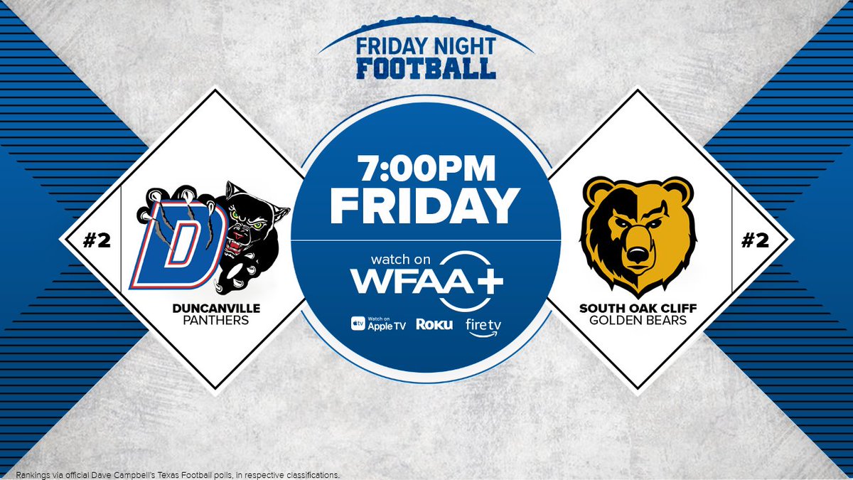 This week on 𝑭𝑹𝑰𝑫𝑨𝒀 𝑵𝑰𝑮𝑯𝑻 𝑭𝑶𝑶𝑻𝑩𝑨𝑳𝑳

A premier non-district battle between a pair of teams expected to play at AT&amp;T Stadium in December, as <a href="/Duncanville_FB/">Duncanville High School Football 🏈</a> visits <a href="/SOCGoldenBearFB/">SOC Football</a>.

Watch live for free, Friday at 7 on WFAA+

<a href="/dallasathletics/">Dallas ISD Athletics</a> <a href="/DuncanvilleISD/">Duncanville ISD</a>