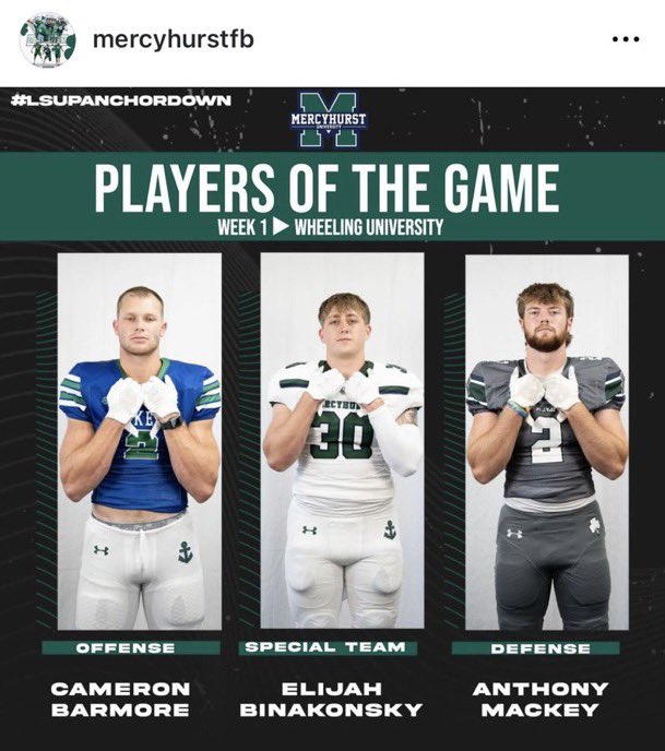 Another one!  <a href="/anthony_mackey9/">Anthony Mackey</a> Defensive Player of the Week for <a href="/MercyhurstFB/">Mercyhurst Football</a>   #MTC man.  Proud of <a href="/Donovan_OMalley/">Donovan O’Malley</a> and Anthony Mackey. See you guys at a game soon!
