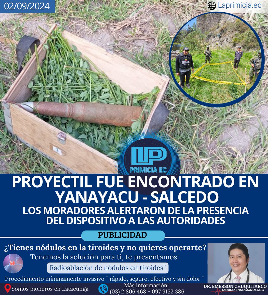 🔴PROYECTIL FUE ENCONTRADO EN YANAYACU - SALCEDO
Moradores del sector Yanayacu del cantón #Salcedo #Cotopaxi alertaron de la presencia de un tipo proyectil en un terreno del sector.
facebook.com/share/p/ss8YB4…