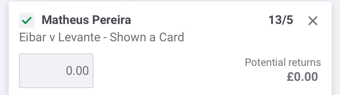 6pm cards tip 🇪🇸

This is with Paddy Power (link on the tweet below 👇🏼)

📝 12-15-15 yellows last 3 seasons

📝 Carded in both fixtures against Levante last season

Happy to back him at 13/5 prices.

Not available on most bookies so get set up below 👇🏼

18+ gambleresponsibly
