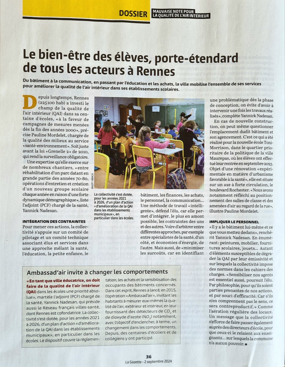 ynadesan's tweet photo. "On doit faire de la qualité de l'air intérieur une priorité absolue"
En cette #rentree2024 @Lagazettefr revient sur 1 de nos actions santé-environnement ds les écoles à Rennes (avec l'alimentation bio et locale, les rues aux écoles / espaces sans tabac, la végétalisation, etc.) https://t.co/qsoy8W9YD5