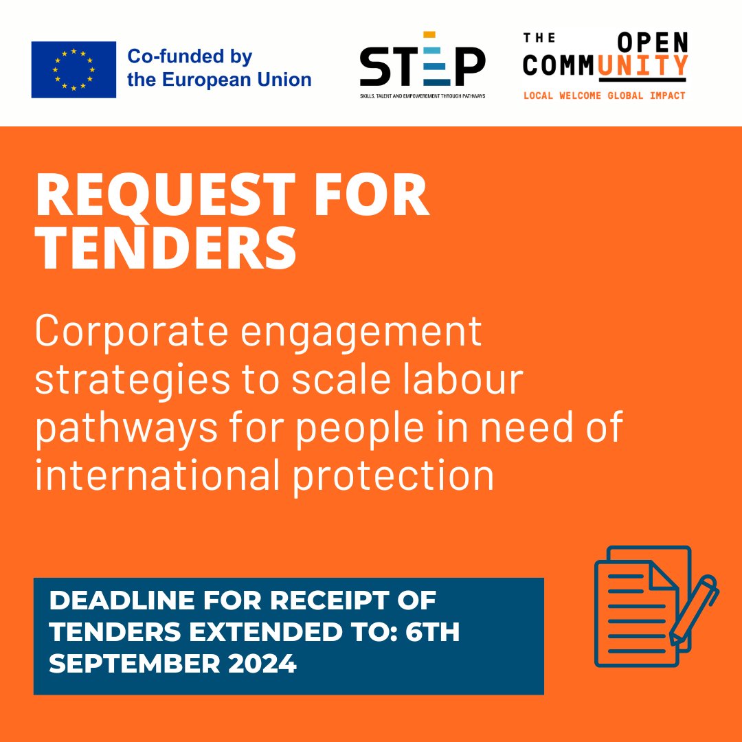 The deadline for the below 'Request for Tenders for corporate engagement strategies to scale labour pathways for people in need of international protection' is now extended to Friday 6th of Sept. For more info please visit: bit.ly/3Aj95Pi.