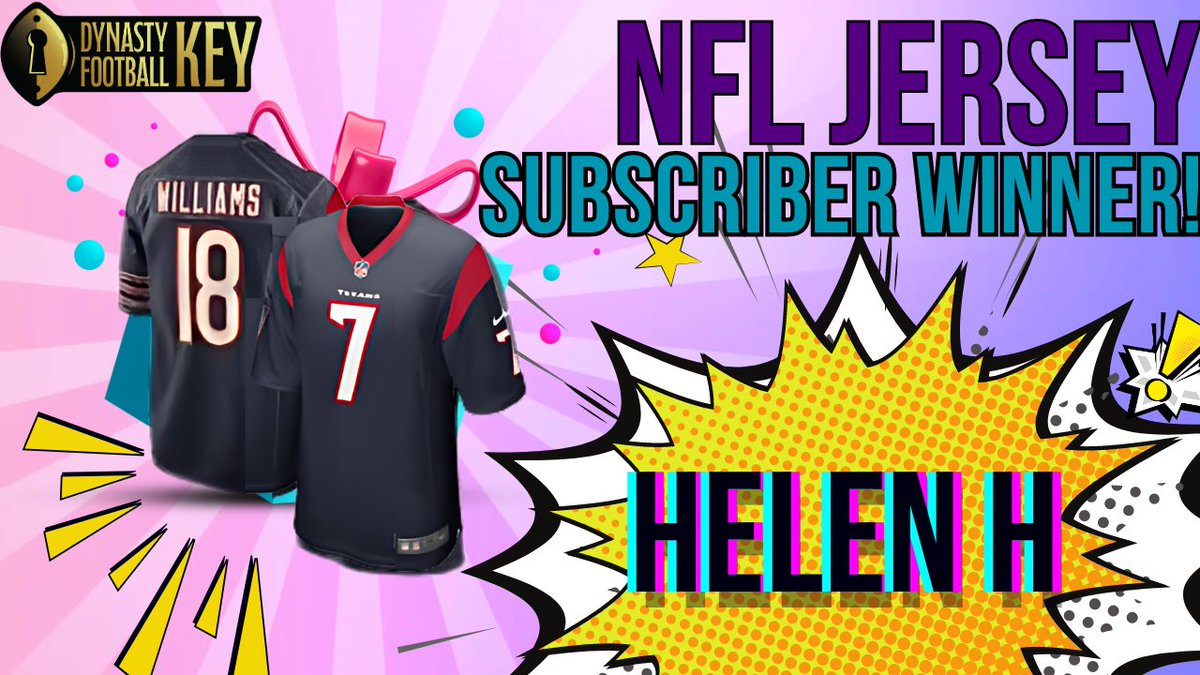 DynastyFKey's tweet photo. Helen H is our subscriber jersey winner!!! Please have a nice day, and contact me when you can :)  Everyone will have another chance when we reach our 500 subs goal!
#LaborDay #NFL #FantasyFootball 🔥 https://t.co/SMk0LWxdjD