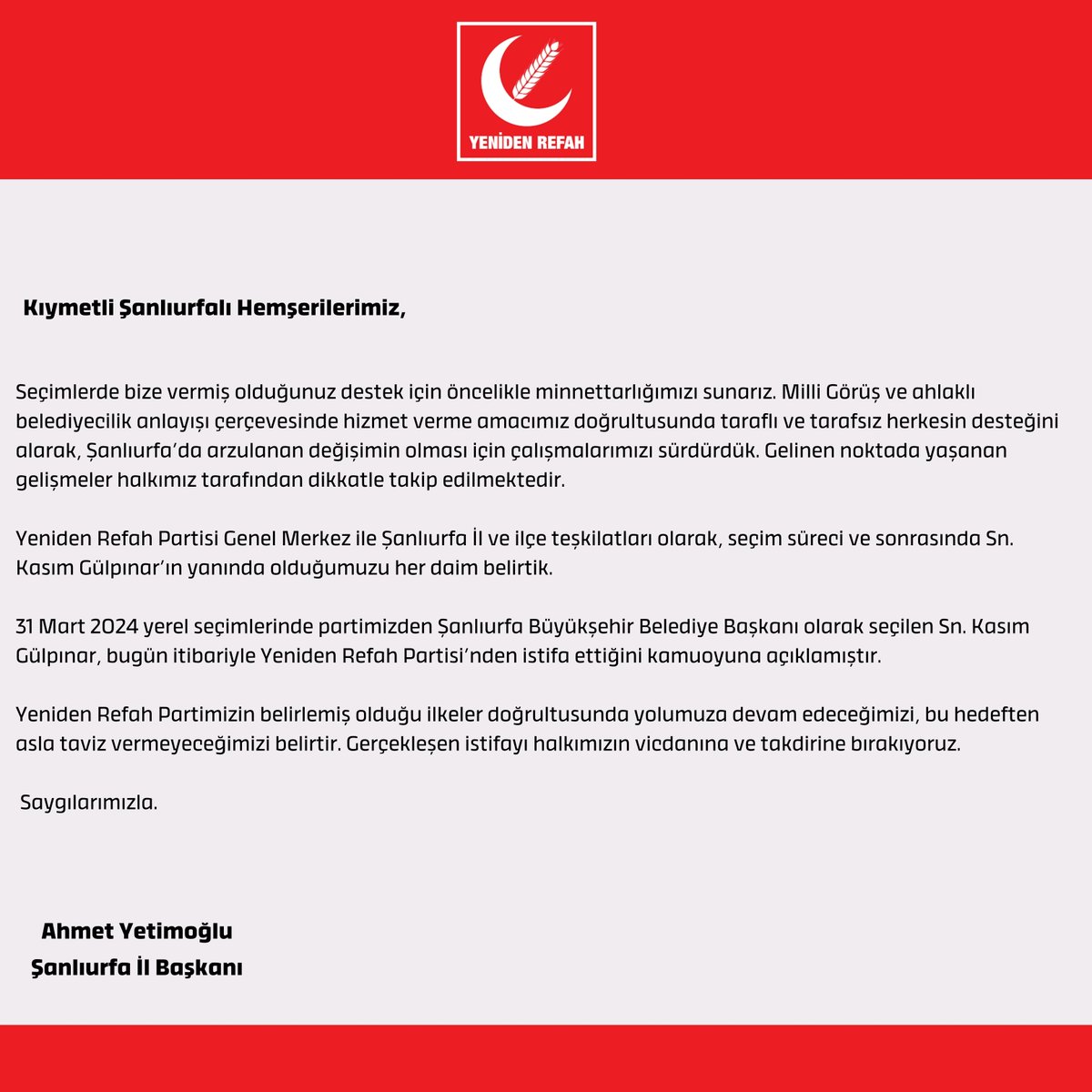 rprefah's tweet photo. Bugün Şanlıurfa Büyükşehir Belediye Başkanı’nın istifası hakkında Şanlıurfa İl Başkanlığı olarak yaptığımız basın açıklaması görselde yer almaktadır.

Kamuoyuna duyurulur!

@erbakanfatih @nureddingul @ahmetyetimoglu_ @rprefahpartisi https://t.co/mlnnNVfFWb