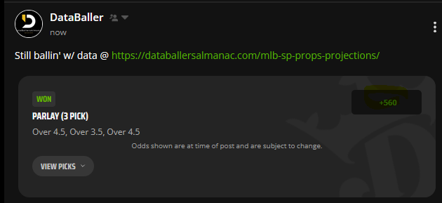 _dfShaman's tweet photo. +560 3 leg parlay hit . The MLB SP strikeout projections are cooking  @ https://t.co/y0ckMWFN6e #bettingsports #mlb #DFS https://t.co/OEskST2USR