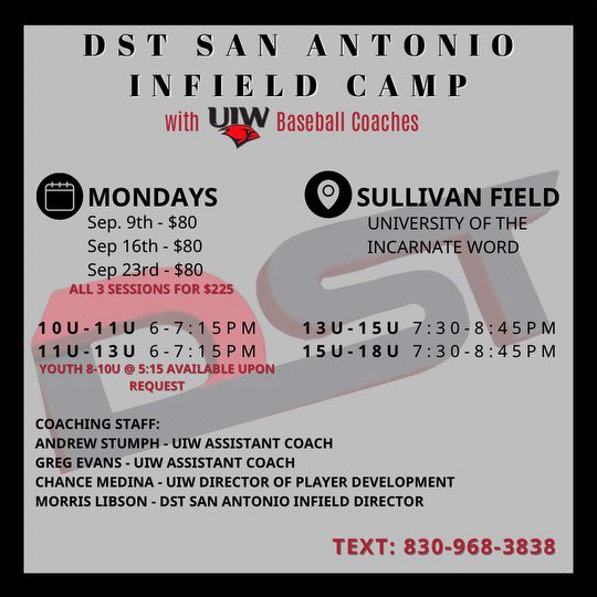 DST San Antonio (@dst_sanantonio) on Twitter photo DST Infield training set for September 9, 16, and 23rd at UIW’s Sullivan Field. Use registration link below to sign up for individual days or all three sessions.
Infield director <a href="/DST_Morris/">Morris Libson</a>, DST Staff and UIW staff <a href="/andrewstumph30/">Andrew Stumph</a> <a href="/MedinaC23/">Chance Medina</a> Greg Evans
drive.google.com/file/d/1vfWOS-… DST Infield training set for September 9, 16, and 23rd at UIW’s Sullivan Field. Use registration link below to sign up for individual days or all three sessions.
Infield director <a href="/DST_Morris/">Morris Libson</a>, DST Staff and UIW staff <a href="/andrewstumph30/">Andrew Stumph</a> <a href="/MedinaC23/">Chance Medina</a> Greg Evans
drive.google.com/file/d/1vfWOS-…