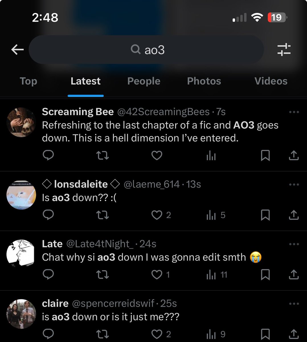 elsthoughthrs's tweet photo. searching ao3 on twitter when it won’t load to see if it’s down because i know there will be gay ppl complaining 🙏 https://t.co/xo4XrjafUY