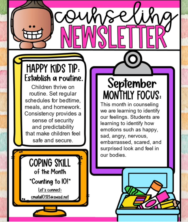 swisd_mce's tweet photo. Counseling Newsletter for September 💙🧡🐊✨#MCEGators #MCEgoing4gold #swisd https://t.co/x97V3Wz7h9