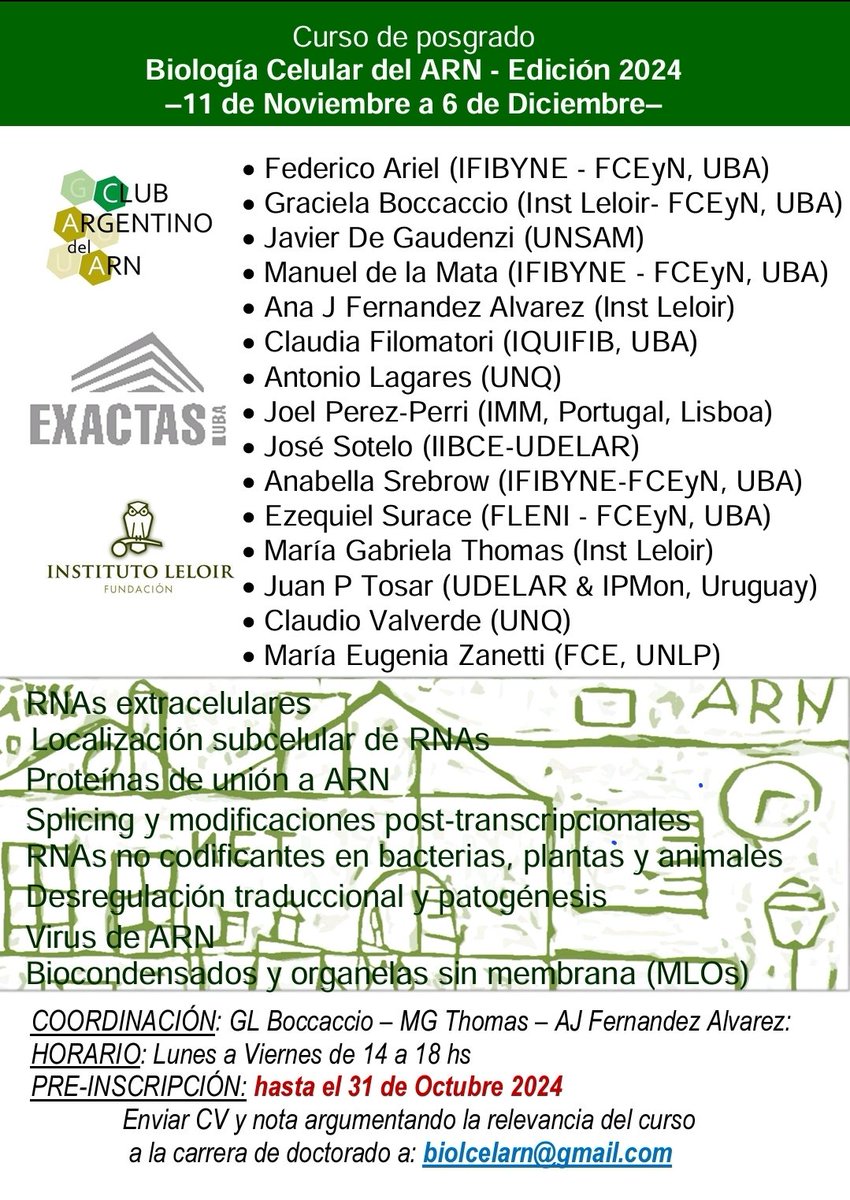 ClubArgdelARN's tweet photo. Nueva edición del curso de posgrado "Biología Celular del ARN"🧬

No se lo pierdan! https://t.co/g6yV7wnk8X