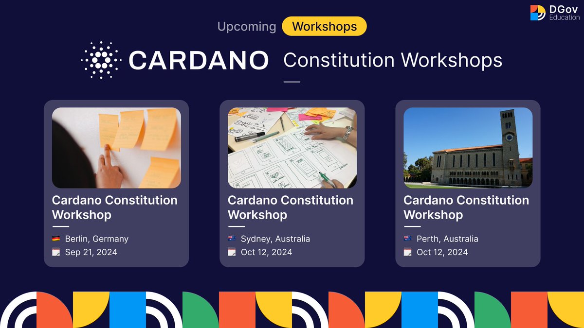 Some upcoming #Cardano Constitution Workshops! 📍🗓️

👇🏽 Learn more and sign up for these workshops on our website:
dgov.education/?et_fb=1&PageS…

🌐 Discover more workshops happening around the world by checking the global calendar:
lu.ma/constitution

#CardanoCommunity