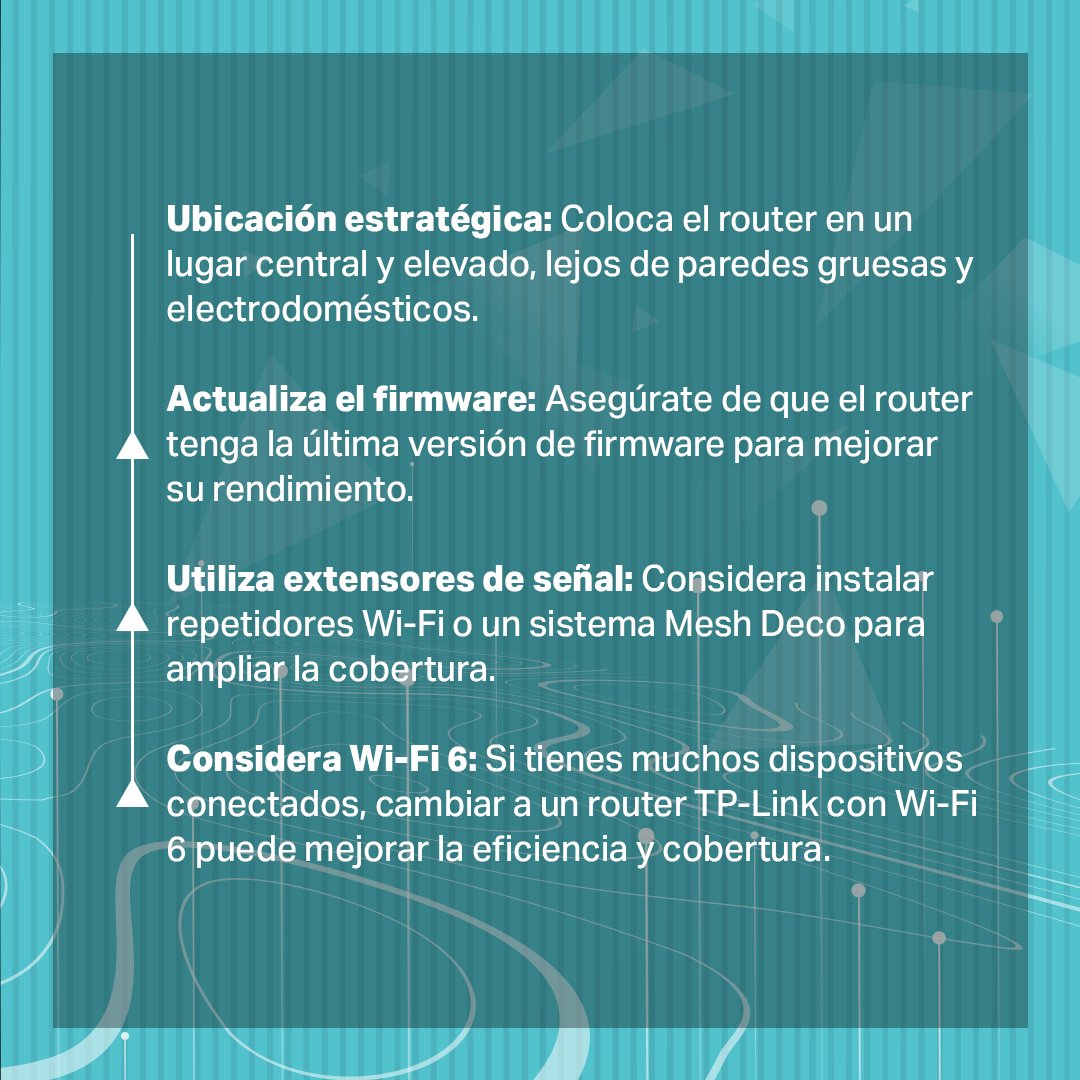 TPLinkMX's tweet image. Mejorar la cobertura Wi-Fi en tu hogar es más sencillo de lo que parece. 
Comienza por ubicar tu router en un lugar estratégico y asegúrate de que su firmware actualizado. Si necesitas más alcance, considera la instalación de un sistema Mesh Deco. 
#TPLink #DecoMesh #WiFi6