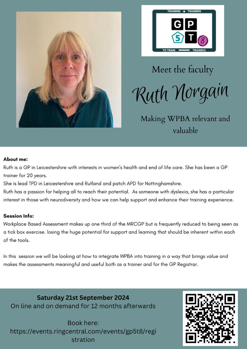 Introducing another member of our brilliant GP5T8 faculty: Dr Ruth Norgain 

Book your ticket now: events.ringcentral.com/events/gp5t8/r…