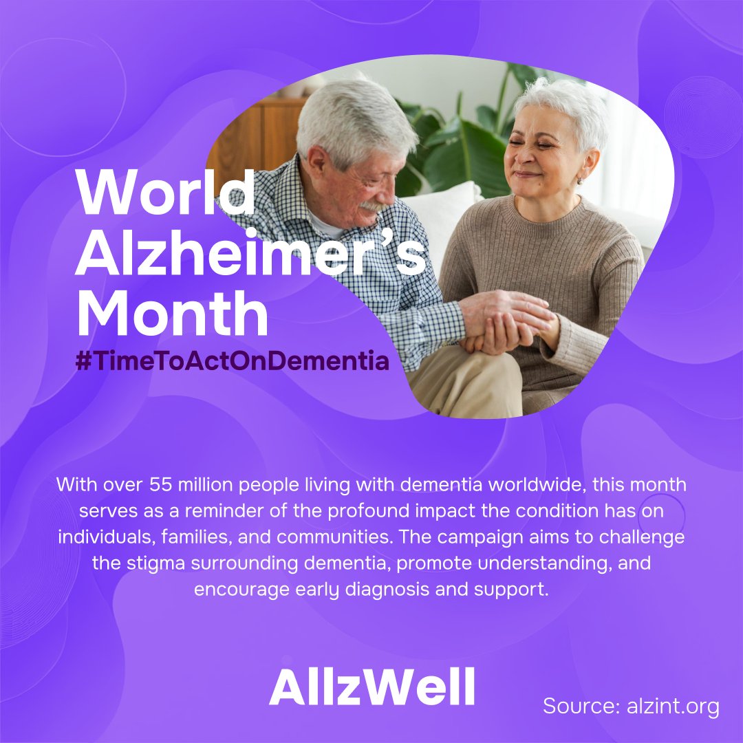 AllzWellApp's tweet photo. With over 55 million people living with dementia worldwide, this month serves as a reminder of the profound impact the condition has on individuals, families, and communities. 

#TimeToActOnDementia #Alzheimers #Dementia #WorldAlzheimersMonth #AllzWell https://t.co/f5RbXSdTlB