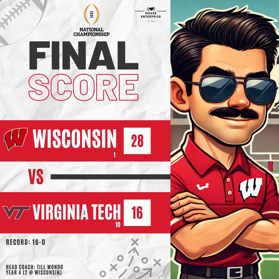 The perfect season 💯🏈

Till Wondo and the Wisconsin Badgers have won the Natty 🏆🦡