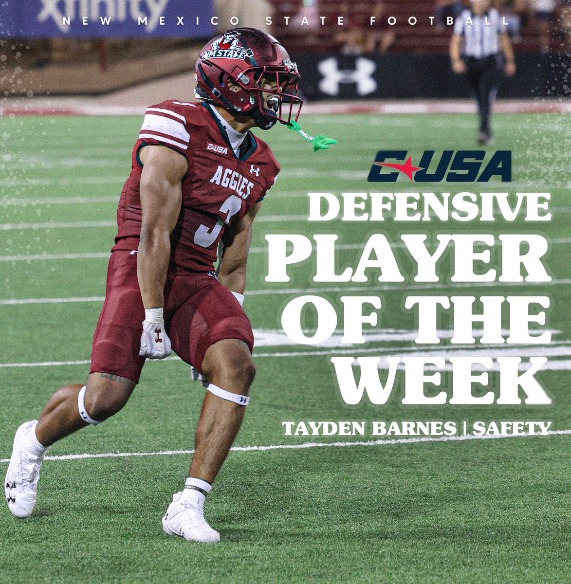 New Mexico State Football (@nmstatefootball) on Twitter photo Tayden Barnes has been named the Week One <a href="/ConferenceUSA/">Conference USA</a> Defensive Player of the Week!πͺ
β«οΈ Team high 9 tackles
β«οΈ Game-sealing INT
β«οΈ 1.5 TFL
β«οΈ 3 PBUs
π° bit.ly/3X8ShCk
#AggieUp x #RideForTheBrand Tayden Barnes has been named the Week One <a href="/ConferenceUSA/">Conference USA</a> Defensive Player of the Week!πͺ
β«οΈ Team high 9 tackles
β«οΈ Game-sealing INT
β«οΈ 1.5 TFL
β«οΈ 3 PBUs
π° bit.ly/3X8ShCk
#AggieUp x #RideForTheBrand