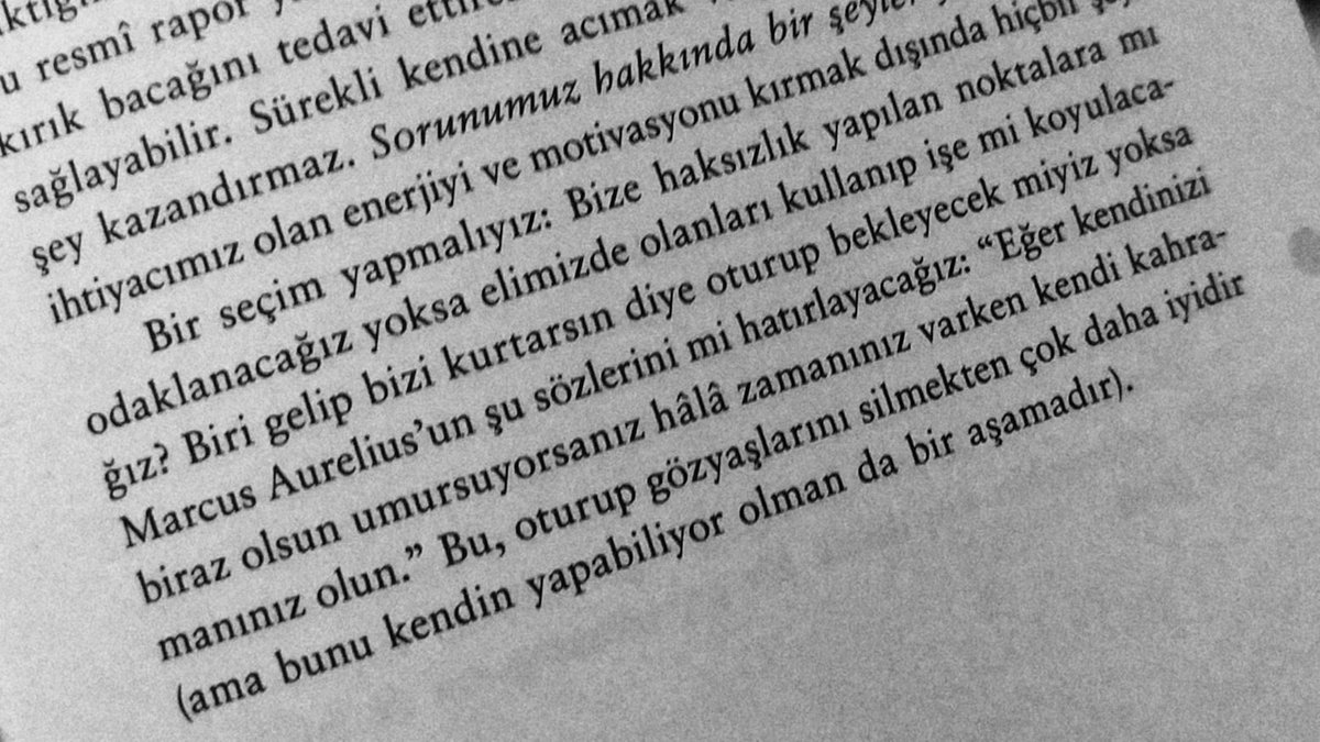 Biri gelip bizi kurtarsın diye oturup bekleyecek miyiz yoksa Marcus Aurelius'un şu sözlerini mi hatırlayacağız:  "Eğer kendinizi biraz olsun umursuyorsanız hâlâ zamanınız varken kendi kahramanınız olun."